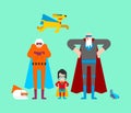 Superhero grandparents and grandson. Super grandparent in Cloak and mask. Superpowers old man. Grandfather and grandmother Cartoon