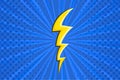 Superhero halftoned background with lightning. Blue comic design with yellow flash. Vector illustration