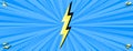 Superhero halftoned background with lightning. Blue comic design with yellow flash. Vector illustration