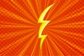 Superhero halftoned background with lightning. Orange comic design with yellow flash. Vector illustration