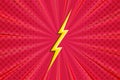 Superhero halftoned background with lightning. Red comic design with yellow flash. Vector illustration