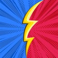 Superhero halftoned background with lightning. Square comic design with yellow flash. Vector illustration