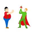 Superhero healthy eating athletic with an apple and a fat man in cartoon style