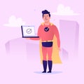 Superhero holding laptop on screen check-mark icon. Vector character