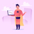Superhero holding laptop on screen down arrow sign. Vector character