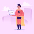 Superhero holding laptop on screen up arrow sign. Vector character