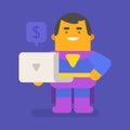 Superhero holding laptop and smiling. Vector character