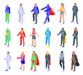 Superhero icons set, isometric style