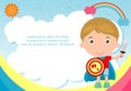 Superhero kid on background,Template for advertising brochure,your text ,Cute little Superhero Children`s, Kids and frame