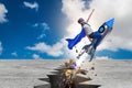 The superhero kid flying on rocket Royalty Free Stock Photo