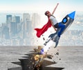 Superhero kid flying on rocket Royalty Free Stock Photo