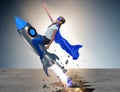 Superhero kid flying on rocket