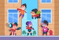 Superhero kids background. Children comic characters, cartoon happy kids in superhero costumes on vector urban