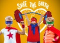 Superhero kids with blank yellow background and save the earth graphics Royalty Free Stock Photo