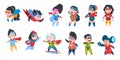 Superhero kids. Boys and girls in comic superhero costumes for party, cute children wearing colorful costumes. Vector