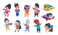 Superhero kids. Cartoon boys and girls characters in superhero comic costumes, cute children playing. Vector kids