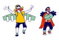 Superhero Kids Characters Rejoice and Having Fun. Little Boy Wearing Pilot Costume with Wings and Girl in Red Cape