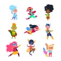 Superhero kids. Children wearing in superheroes costumes. Carton cosplay vector characters set