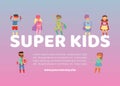 Superhero kids in costumes vector web illustration or poster. Children dressed in super hero costume for masquerade Royalty Free Stock Photo