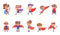 Superhero kids. Superheroes in cape, children group jumping and flying. Cartoon heroes, girl wear mask and costume Royalty Free Stock Photo