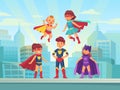 Superhero kids team. Comic hero kid in super costume with cloak on urban roof. Children superheroes vector cartoon