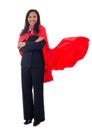 Superhero and leader concept-full length portrait of cheerful asian businesswoman with red hero cape standing with folded arms Royalty Free Stock Photo