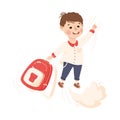 Superhero Little Boy at School Flying Forward with Backpack Achieving Goal and Gaining Knowledge Vector Illustration