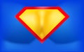 Superhero logo template. Background in the form of a man inflated chest with super abilities. Yellow red shield on a