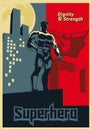 Superhero looks into the distance. Blue and red graphic poster.