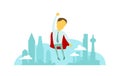 Superhero man businessman flies over the city with hand up. Success and victory. In tie and red cloak. Vector