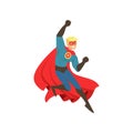 Superhero man character dressed in blue costume with red cape jumping cartoon vector Illustration