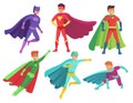 Superhero man characters. Cartoon muscular hero character in colorful super costume with waving cloak. Flying