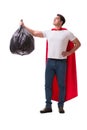 The superhero man with garbage sack isolated on white