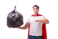 The superhero man with garbage sack isolated on white