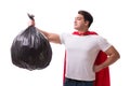 The superhero man with garbage sack on white