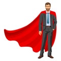 Superhero man in red cape, male hero, businessman superhero.