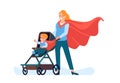 Superhero mom carrying super baby in stroller. Family walking. Heroic mother pushing pram. Kid in carriage. Newborn Royalty Free Stock Photo