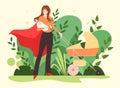 Superhero mom, strong young woman wearing red cape, holding baby, pushing stroller