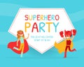 Superhero Party Invitation Card, Happy Birthday Banner with Cute Kids Dressed in Superhero Costumes, Kids Party Flyer