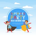 Superhero Party Invitation Template, Happy Birthday Banner, Kids Party Flyer Design Cartoon Vector Illustration Royalty Free Stock Photo