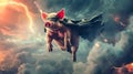 Superhero pig with a cloak and eye mask flying in dramatic stormy sky with lightning in the background Royalty Free Stock Photo