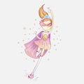 Superhero princess, little teen girl as a superhero vector cartoon illustration with gradients. Super hero girl running