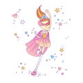 Superhero princess, little teen girl as a superhero vector cartoon illustration with gradients. Super hero girl running
