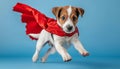 Superhero puppy in action flying in blue space, isolated on background cute dog