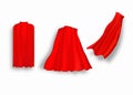 Superhero red cape in different positions, front, side and back view on white background