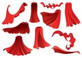 Superhero red cape in different positions, front and side view. Scarlet fabric silk cloak. Mantle costume or cover