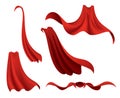 Superhero red cape. Scarlet fabric silk cloak in different position, front back and side view. Carnival or masquerade Royalty Free Stock Photo