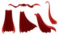 Superhero red cape. Scarlet fabric silk cloak in different position, front and side view. Carnival masquerade dress, 3d