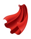 Superhero red cape. Scarlet fabric silk cloak in front view. Carnival masquerade dress, realistic costume design. Flying