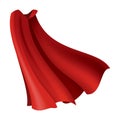 Superhero red cape. Scarlet fabric silk cloak in front view. Carnival masquerade dress, realistic costume design. Flying